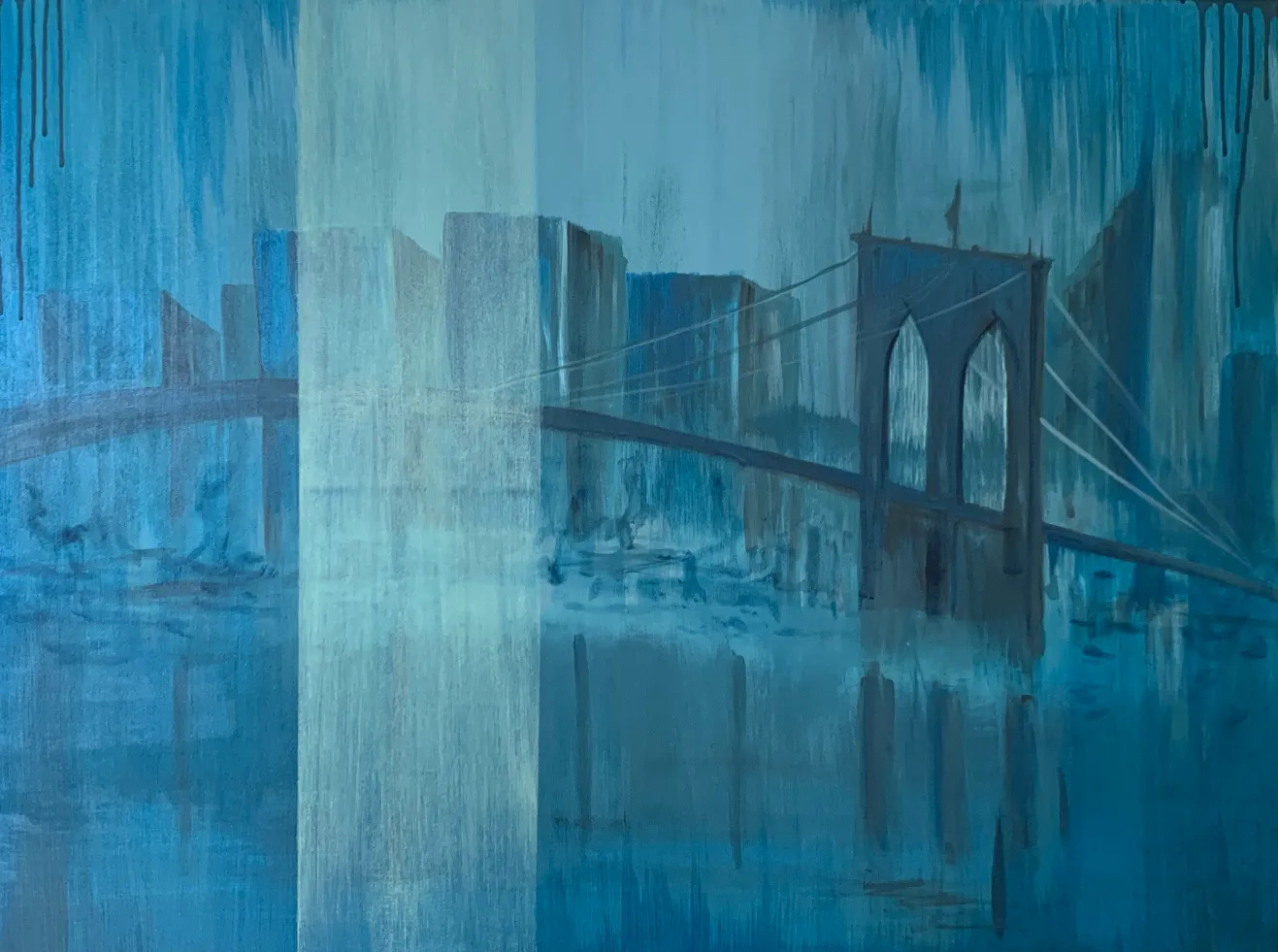 A painting of the Brooklyn Bridge in shades of blue with a textured background.