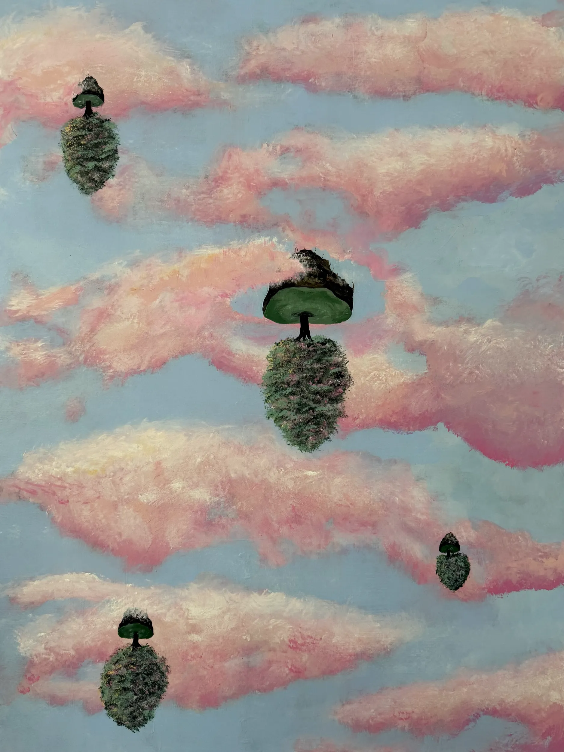 A surreal painting of floating mushroom-shaped trees among pink clouds.