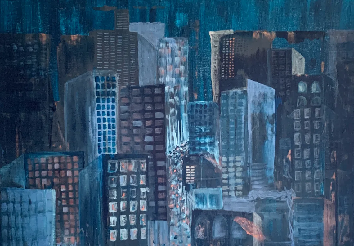 A painting of a densely packed cityscape with tall buildings in dark and blue tones.