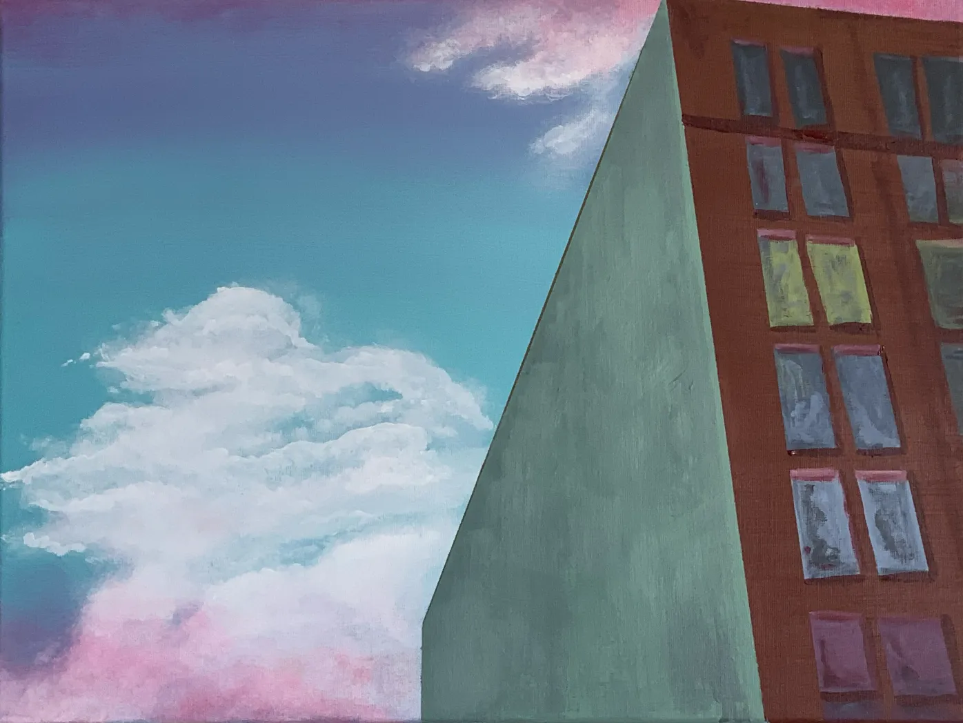 A painting of a modern building with colorful windows against a sky with pink and white clouds.