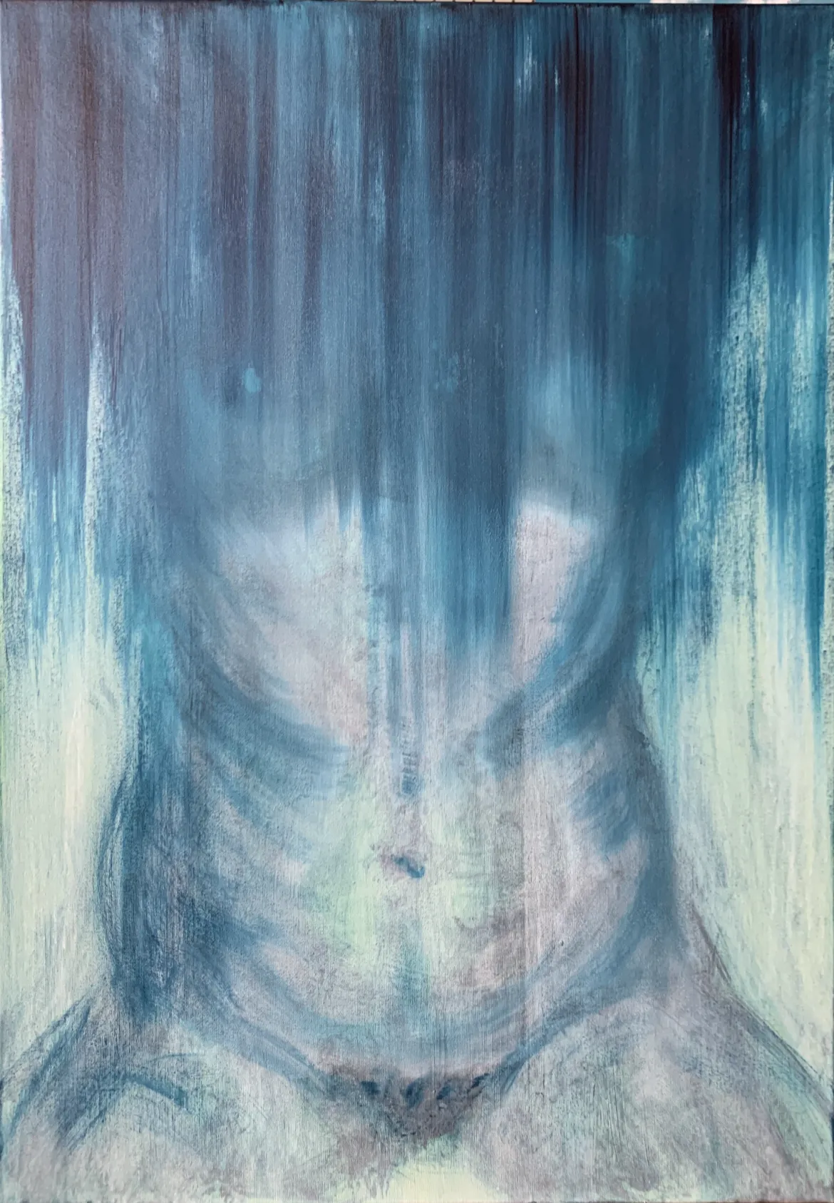 An abstract painting of a human torso in blue tones with dripping textures.